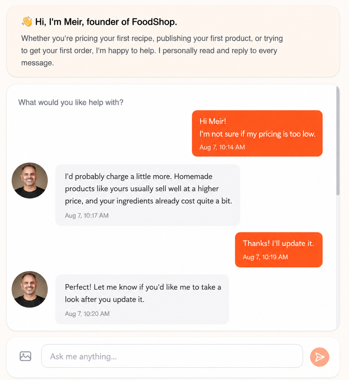 Ask the Founder - in-app messaging with Meir