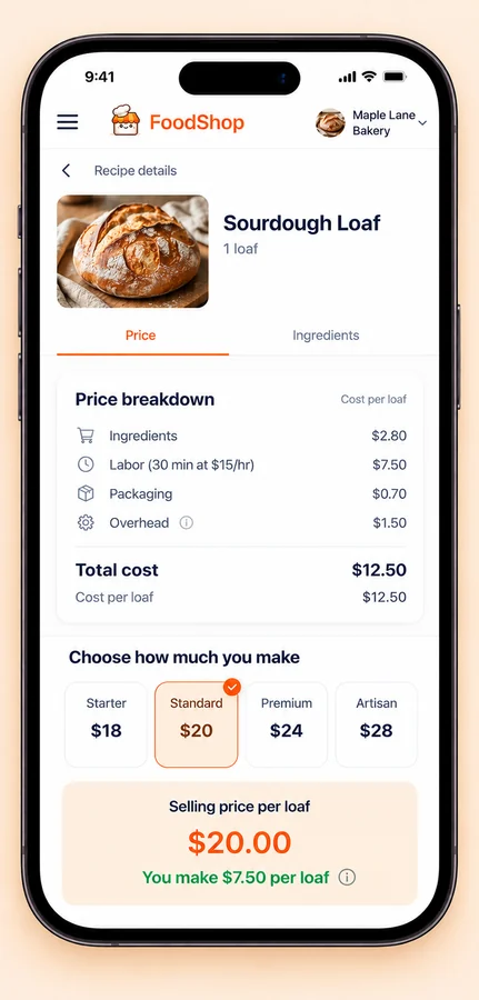 A recipe cost breakdown in FoodShop