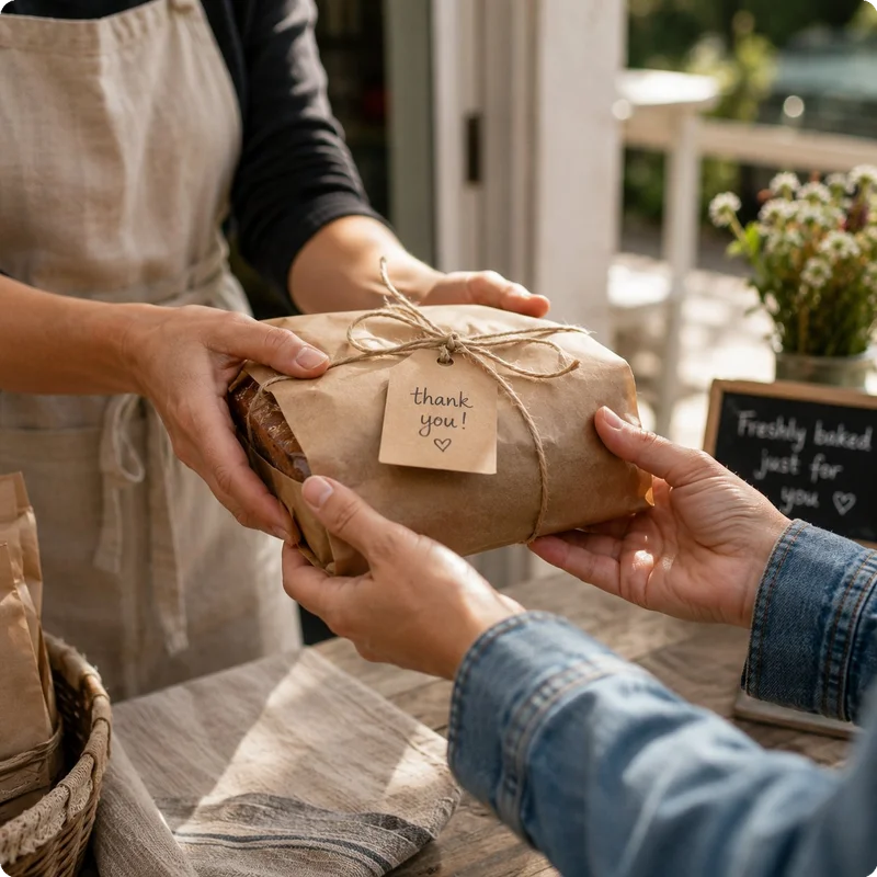 Packaged homemade product being handed to a happy customer
