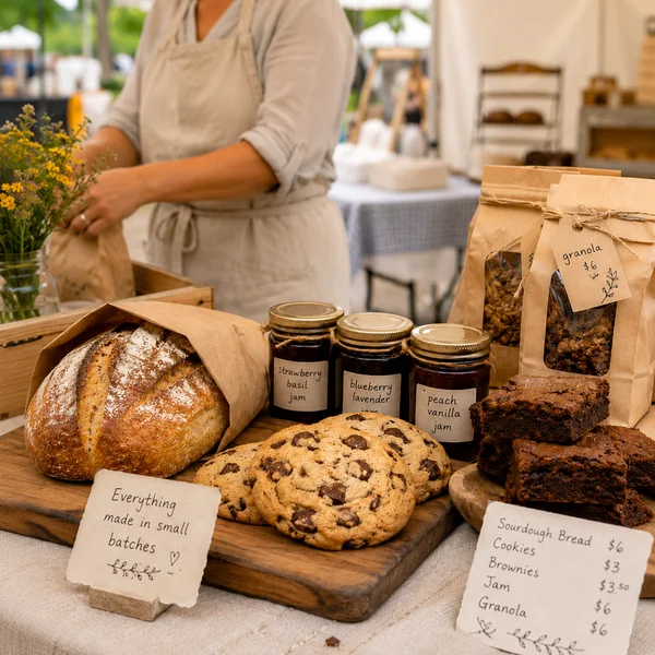 Baker's product display at a farmers market