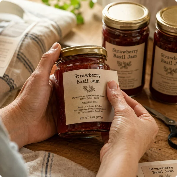 Cottage food label being applied to a jam jar