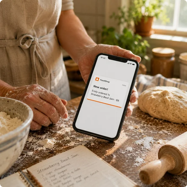 Phone showing an incoming order while baking