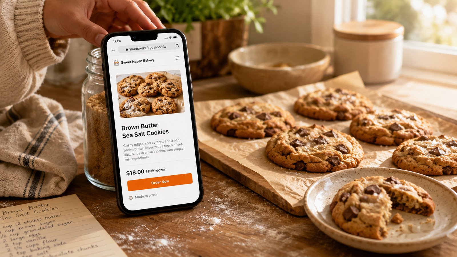 A phone on a kitchen counter showing a bakery sales page next to a tray of cookies
